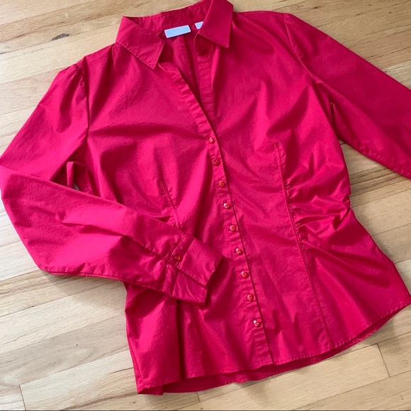 NWOT NY&Co Red Ruched Jeweled Button Top - Large - Picture 2 of 8